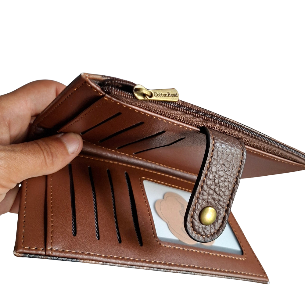 Cotton Road Wallet: Medium COFFEE BROWN PU Leather Press-Stud Organiser with LEOPARD Print side view
