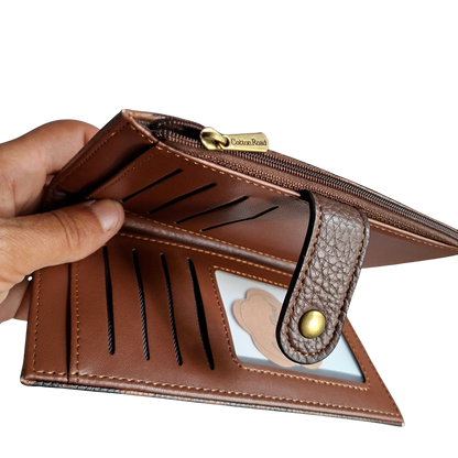 Cotton Road Wallet: Medium COFFEE BROWN PU Leather Press-Stud Organiser with LEOPARD Print side view