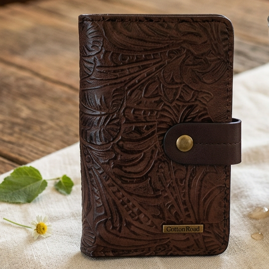 Cotton Road Wallet: Medium Coffee Brown Embossed PU Leather HERO