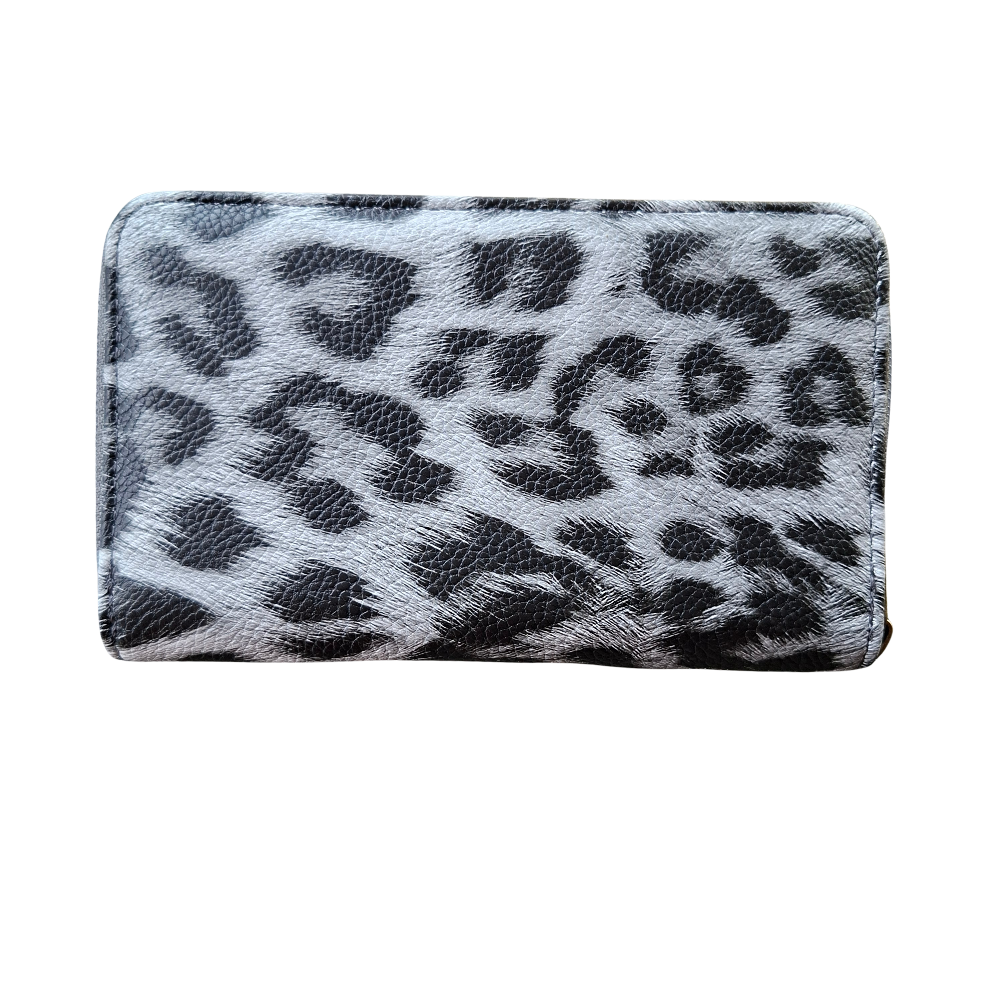 Cotton Road Wallet: Medium GREY PU Leather Zip-Around Organiser with LEOPARD Print BACK