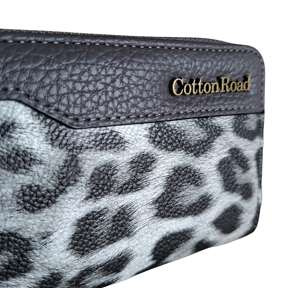 Cotton Road Wallet: Medium GREY PU Leather Zip-Around Organiser with LEOPARD Print BRANDING