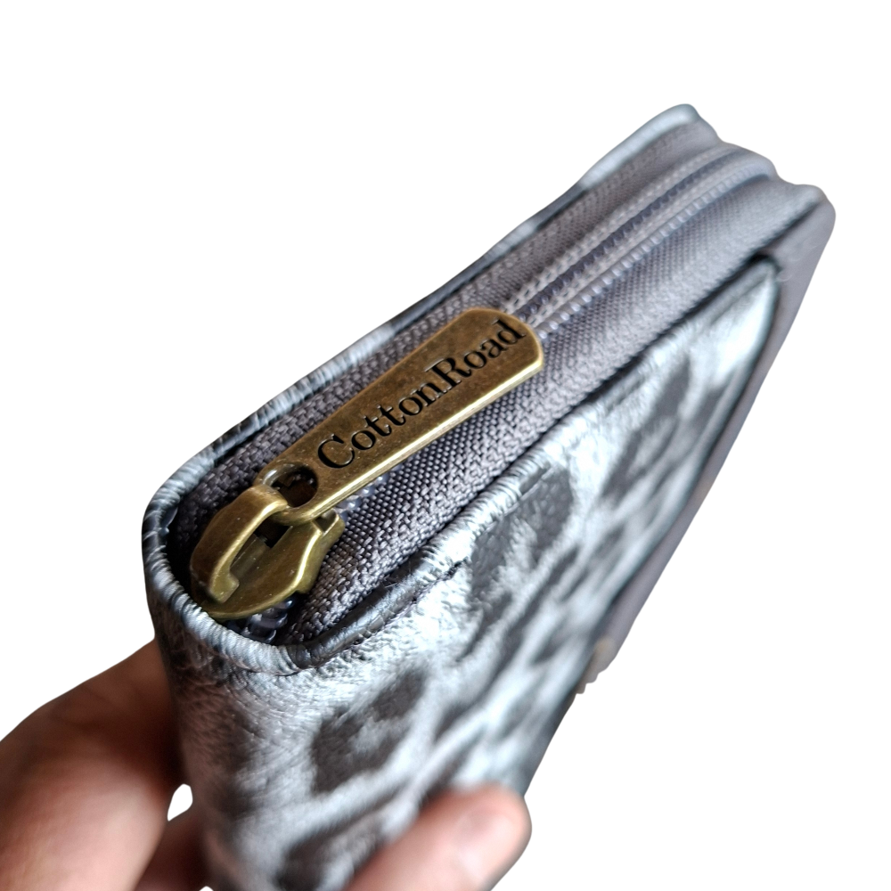 Cotton Road Wallet: Medium GREY PU Leather Zip-Around Organiser with LEOPARD Print CLOSED ZIP