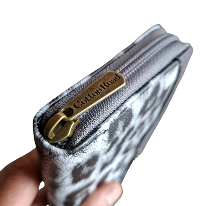 Cotton Road Wallet: Medium GREY PU Leather Zip-Around Organiser with LEOPARD Print CLOSED ZIP