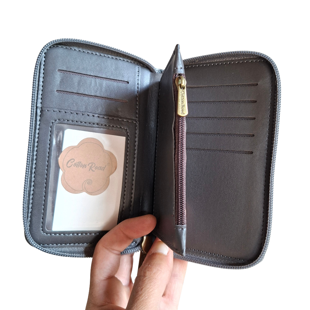 Cotton Road Wallet: Medium GREY PU Leather Zip-Around Organiser with LEOPARD Print OPEN