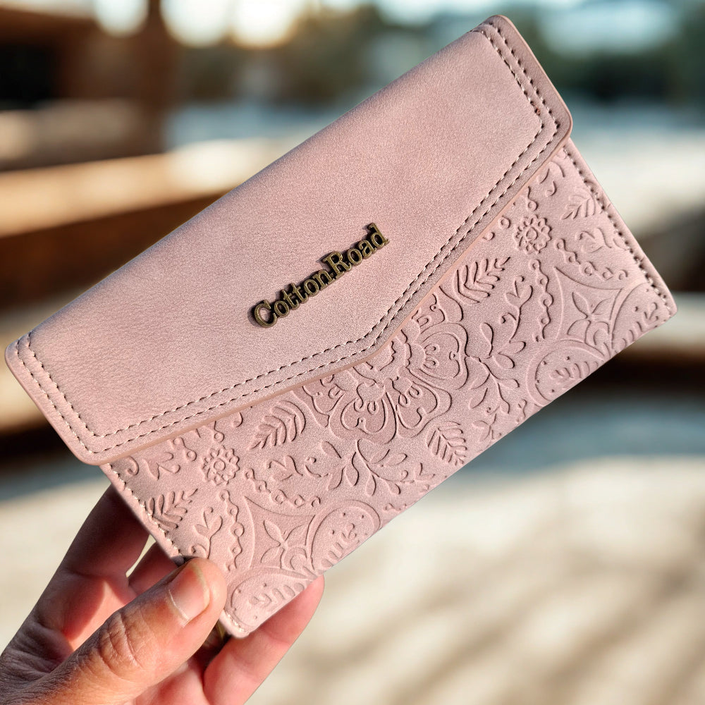 Cotton Road Wallet: Medium PINK Suede-Style PU Leather with EMBOSSED Print