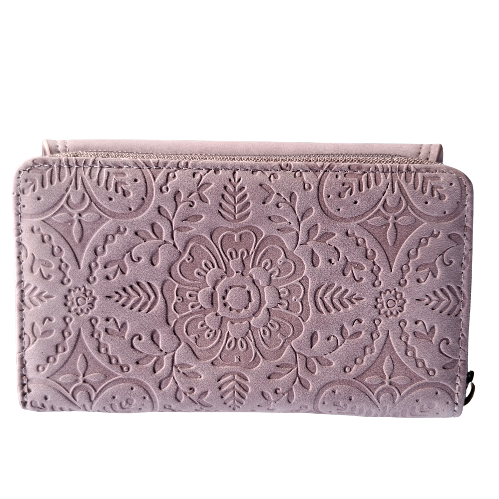 Cotton Road Wallet: Medium PINK Suede-Style PU Leather with EMBOSSED Print CARD BACK
