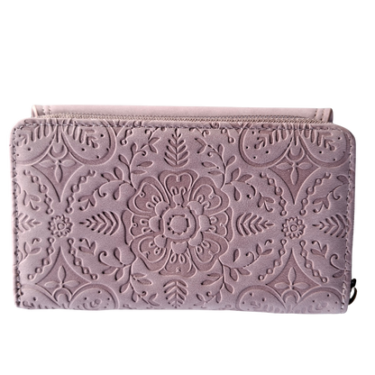Cotton Road Wallet: Medium PINK Suede-Style PU Leather with EMBOSSED Print CARD BACK