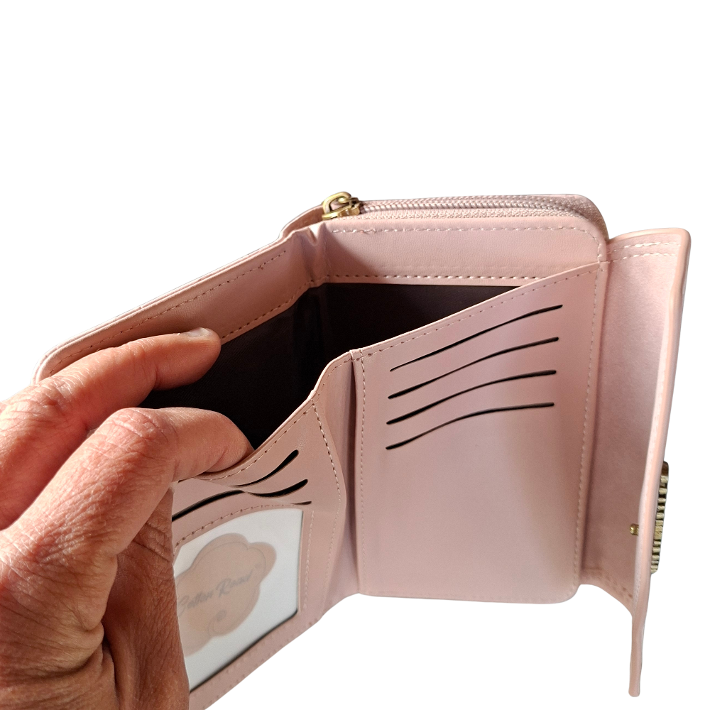 Cotton Road Wallet: Medium PINK Suede-Style PU Leather with EMBOSSED Print CARD VIEW