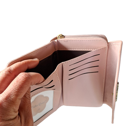 Cotton Road Wallet: Medium PINK Suede-Style PU Leather with EMBOSSED Print CARD VIEW