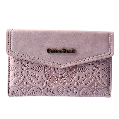 Cotton Road Wallet: Medium PINK Suede-Style PU Leather with EMBOSSED Print FRONT
