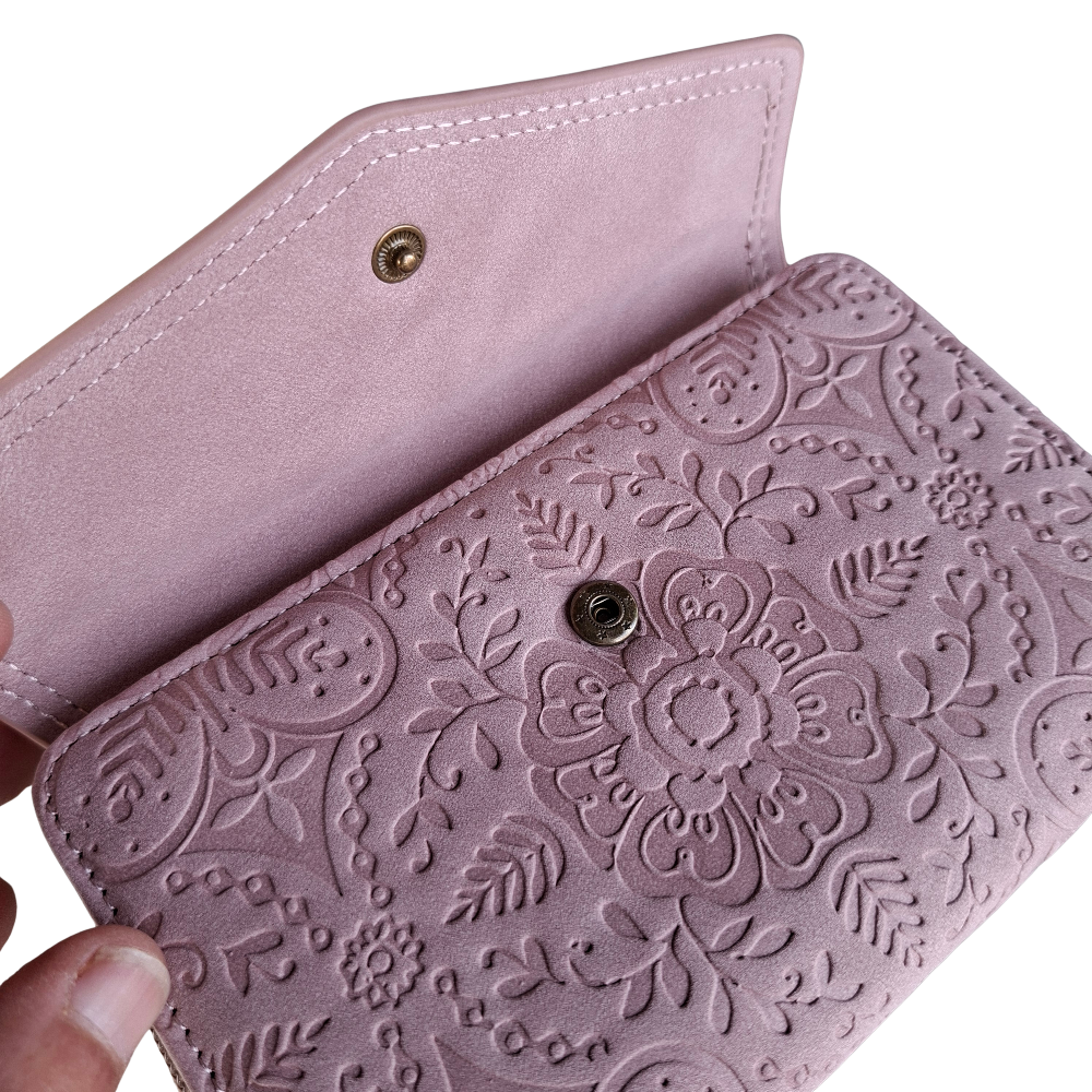 Cotton Road Wallet: Medium PINK Suede-Style PU Leather with EMBOSSED Print OPEN CLIP