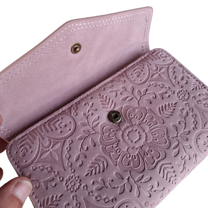 Cotton Road Wallet: Medium PINK Suede-Style PU Leather with EMBOSSED Print OPEN CLIP