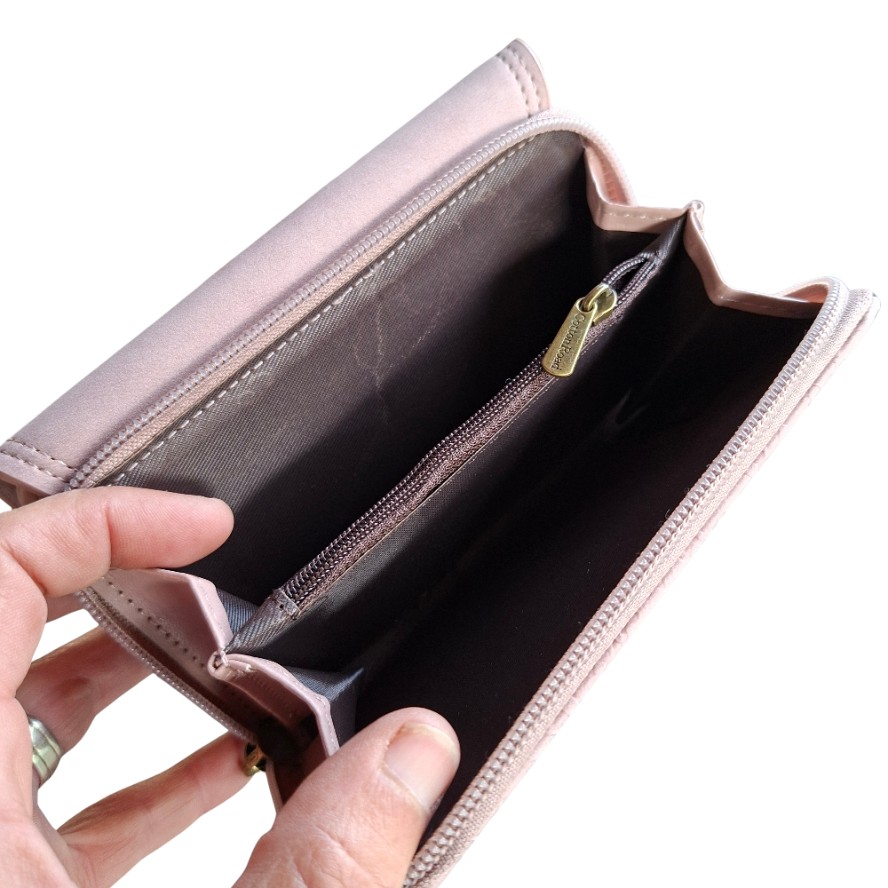 Cotton Road Wallet: Medium PINK Suede-Style PU Leather with EMBOSSED Print OPEN POCKETS