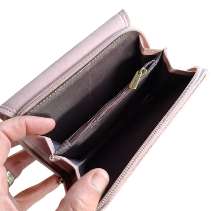 Cotton Road Wallet: Medium PINK Suede-Style PU Leather with EMBOSSED Print OPEN POCKETS