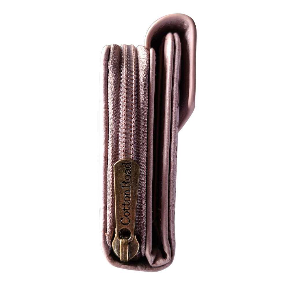 Cotton Road Wallet: Medium PINK Suede-Style PU Leather with EMBOSSED Print SIDE