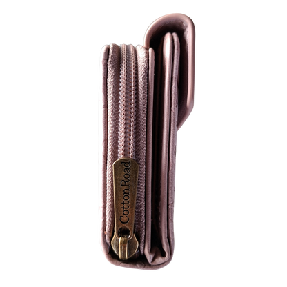 Cotton Road Wallet: Medium PINK Suede-Style PU Leather with EMBOSSED Print SIDE