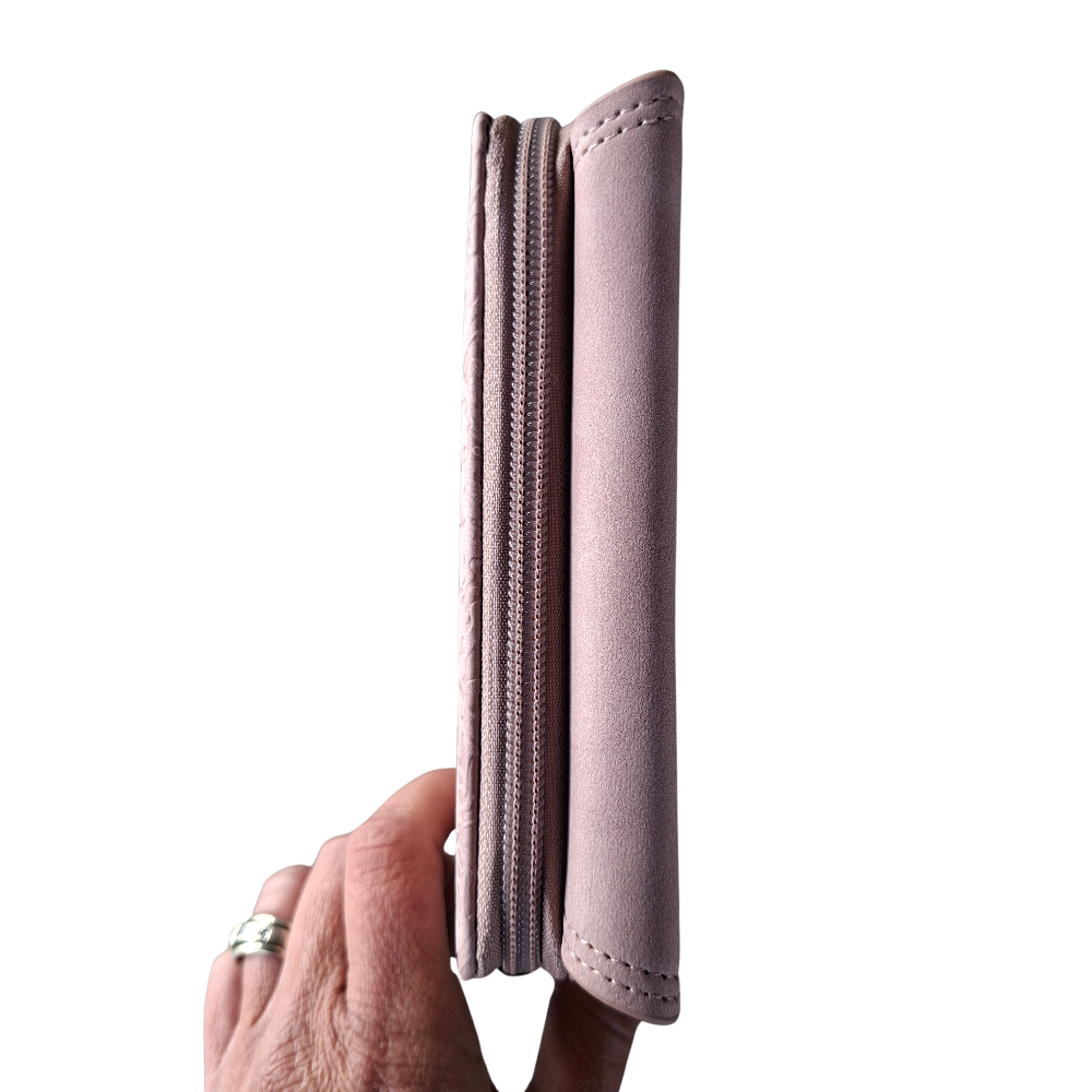 Cotton Road Wallet: Medium PINK Suede-Style PU Leather with EMBOSSED Print SIDE VIEW