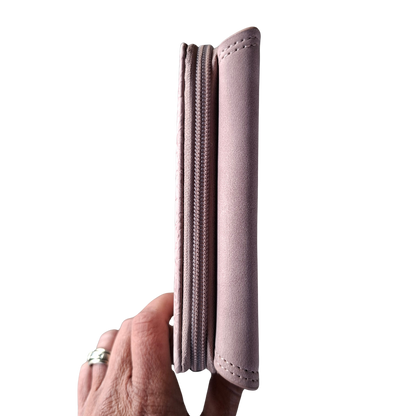 Cotton Road Wallet: Medium PINK Suede-Style PU Leather with EMBOSSED Print SIDE VIEW
