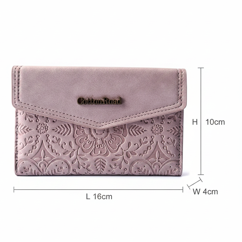 Cotton Road Wallet: Medium PINK Suede-Style PU Leather with EMBOSSED Print SIZE