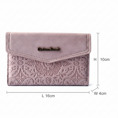 Cotton Road Wallet: Medium PINK Suede-Style PU Leather with EMBOSSED Print SIZE