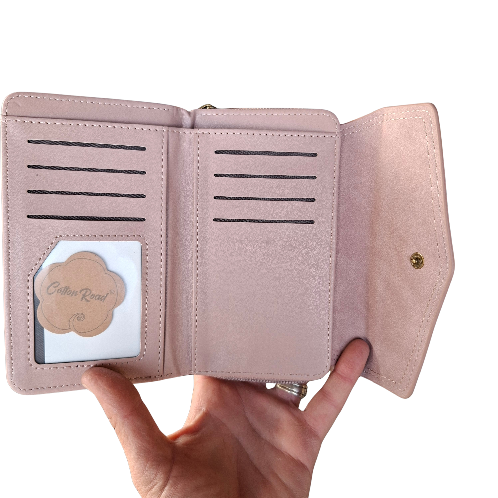 Cotton Road Wallet: Medium PINK Suede-Style PU Leather with EMBOSSED Print UNFOLDED