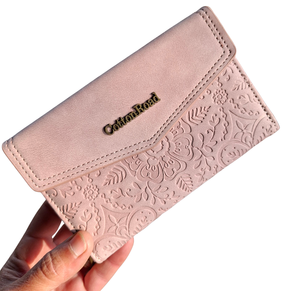 Cotton Road Wallet: Medium PINK Suede-Style PU Leather with EMBOSSED Print VIEW
