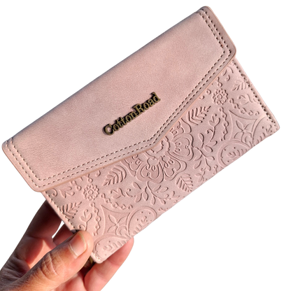 Cotton Road Wallet: Medium PINK Suede-Style PU Leather with EMBOSSED Print VIEW