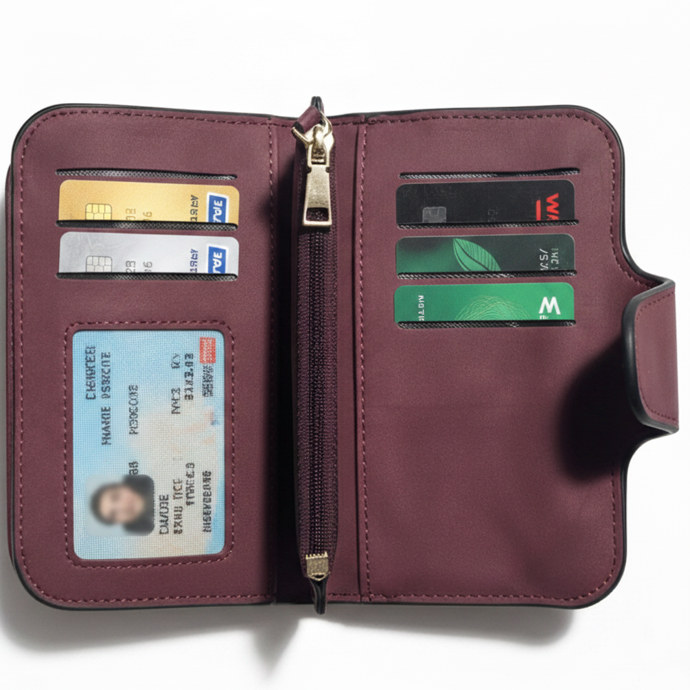 Cotton Road Wallet: Medium PU Leather Wallet MAROON TOP OPEN VIEW STOCKED