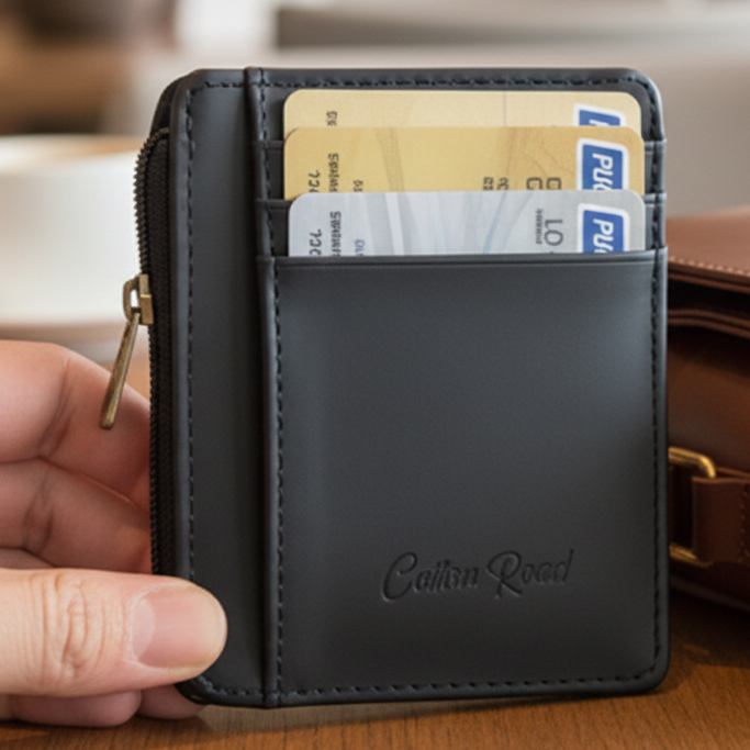 Cotton Road Wallet: SLIM BLACK PU LEATHER Small Card Holder