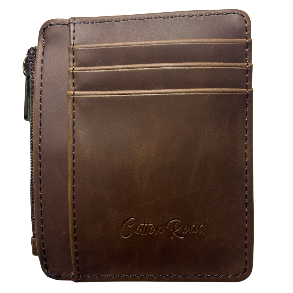 Cotton Road Wallet: SLIM BROWN PU LEATHER small Card Holder FRONT