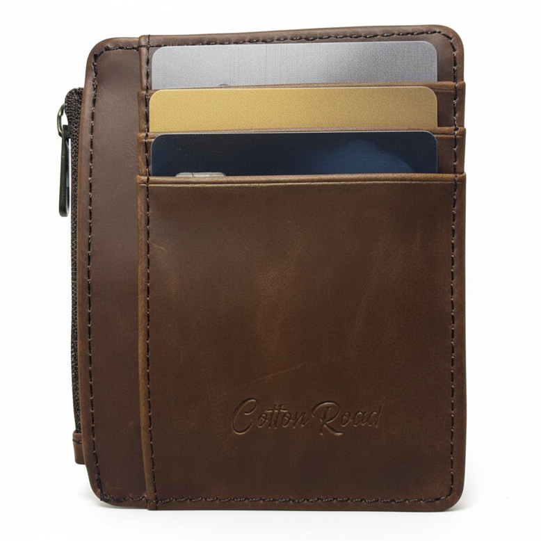Cotton Road Wallet: SLIM BROWN PU LEATHER small Card Holder WITH CARDS