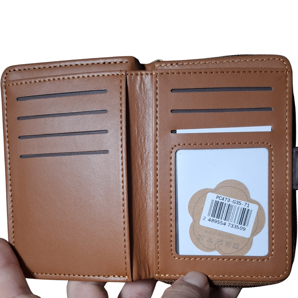 Cotton Road Wallet: TAN, BROWN Medium PU Leather Wallet with DARK BROWN clip cover ID POCKET VIEW