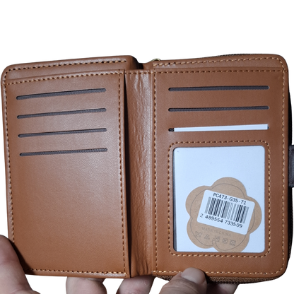 Cotton Road Wallet: TAN, BROWN Medium PU Leather Wallet with DARK BROWN clip cover ID POCKET VIEW
