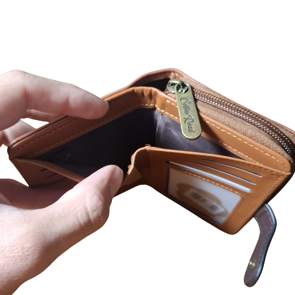 Cotton Road Wallet: TAN, BROWN Medium PU Leather Wallet with DARK BROWN clip cover NOTE POCETS