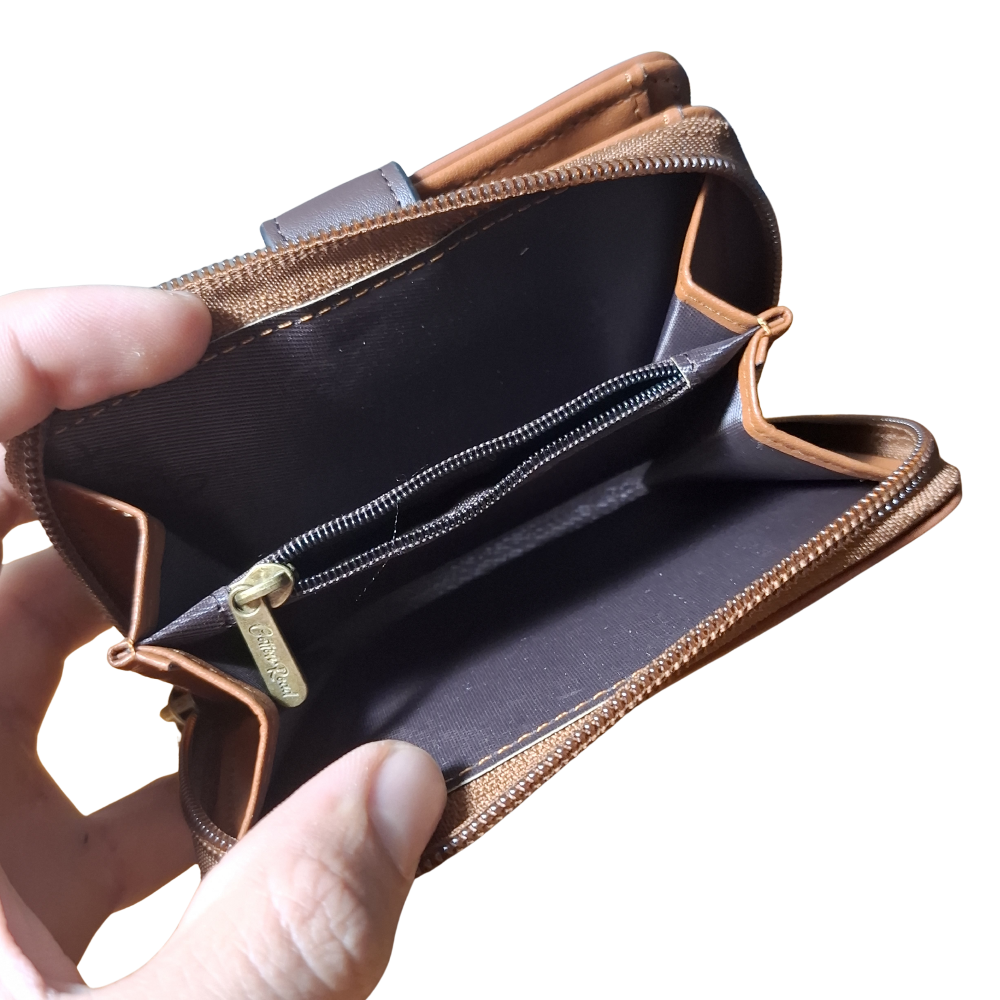 Cotton Road Wallet: TAN BROWN Medium PU Leather Wallet with DARK BROWN clip cover OPEN