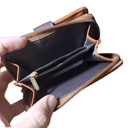 Cotton Road Wallet: TAN BROWN Medium PU Leather Wallet with DARK BROWN clip cover OPEN