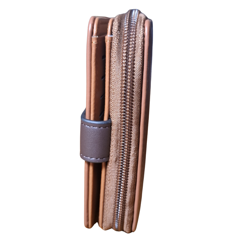 Cotton Road Wallet: TAN, BROWN Medium PU Leather Wallet with DARK BROWN clip cover SIDE VIEW