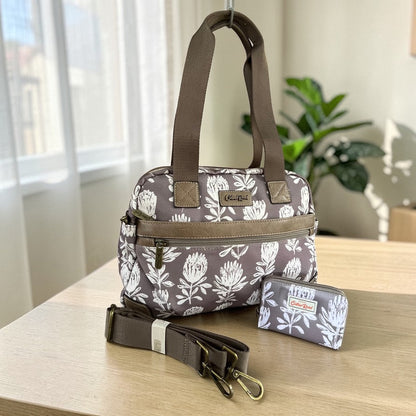 Cotton Road Handbag: KHAKI/BROWN Canvas PROTEA Print with MATCHING Card Holder