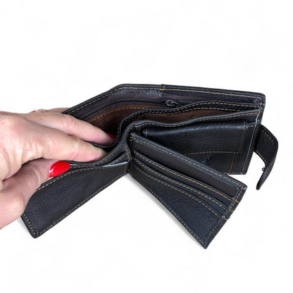 DARK BROWN VIVACE MENS Genuine Leather Wallet with Clip and TOPSTICH detailing