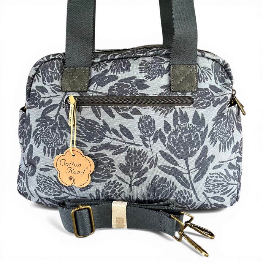 Cotton Road Handbag: BLUE/GREY Canvas PROTEA Print with MATCHING Cardholder