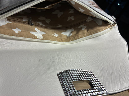 Vivace Clutch Bag: WHITE Faux Leather Sling Bag with Brown Protea Print