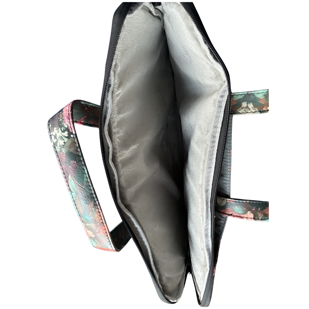 COTTON ROAD LAPTOP BAG: BLACK Floral PVC Carry Sleeve with Padded Inner SIDE