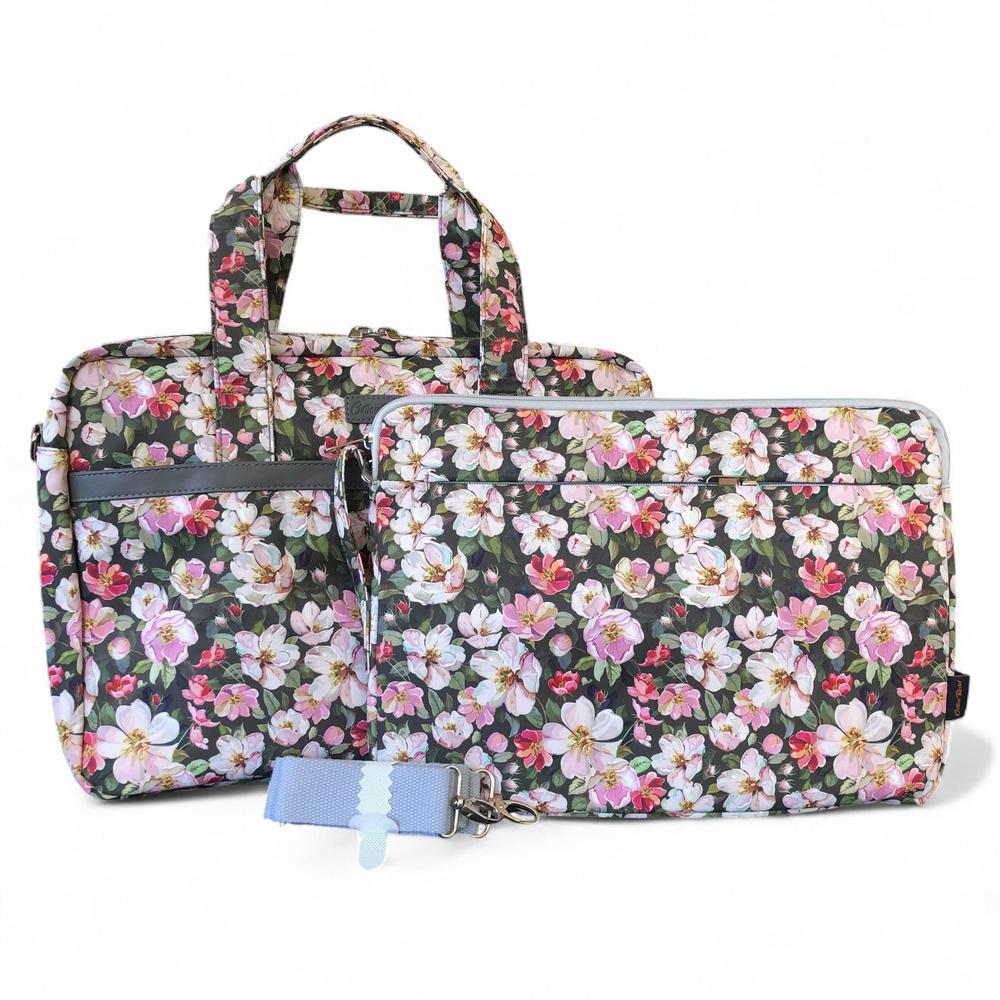 GREEN Canvas FLORAL Cotton Road Laptop Bag with GREY Trim and Matching Sleeve COMBO