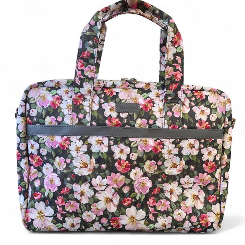 GREEN Canvas FLORAL Cotton Road Laptop Bag with GREY Trim and Matching Sleeve COMBO