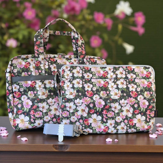 GREEN Canvas FLORAL Cotton Road Laptop Bag with GREY Trim and Matching Sleeve COMBO