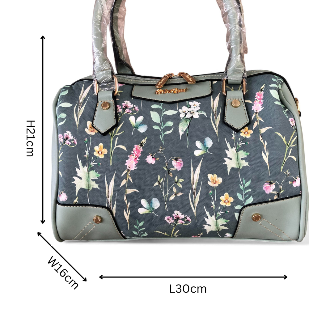 GREEN Cotton Road PU Leather Barrel Handbag with FLORAL Panel