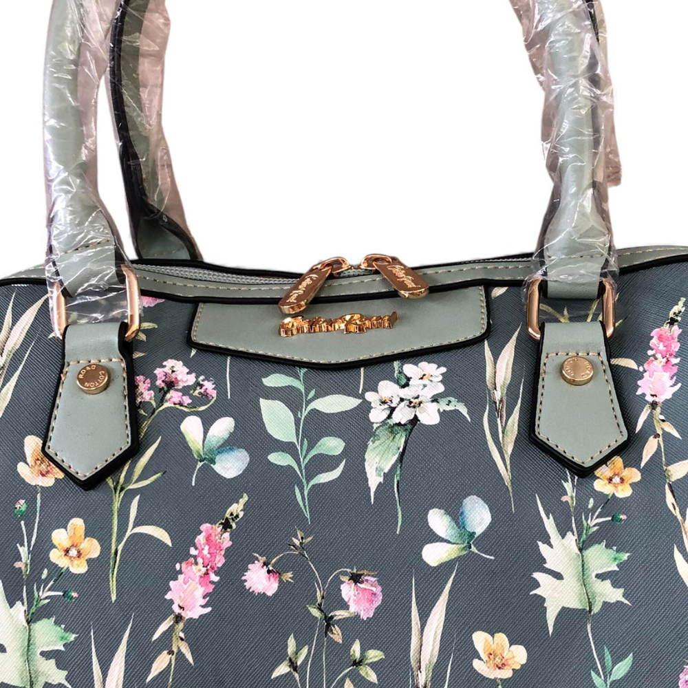 GREEN Cotton Road PU Leather Barrel Handbag with FLORAL Panel