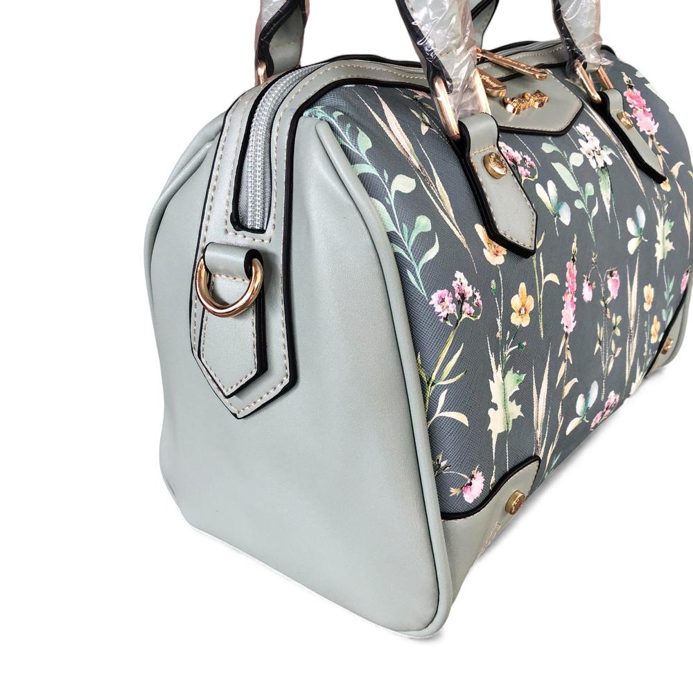 GREEN Cotton Road PU Leather Barrel Handbag with FLORAL Panel