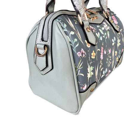 GREEN Cotton Road PU Leather Barrel Handbag with FLORAL Panel