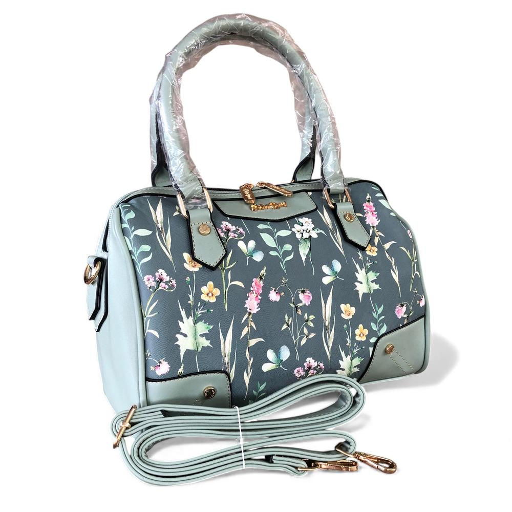 GREEN Cotton Road PU Leather Barrel Handbag with FLORAL Panel